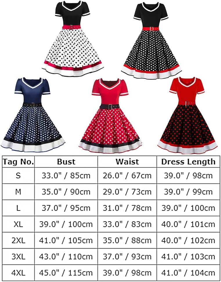 Odizli Rockabilly Kleider Damen 50er Jahre Vintage Kurzarm V-Ausschnitt Polka Dot Swing Coctailkleid