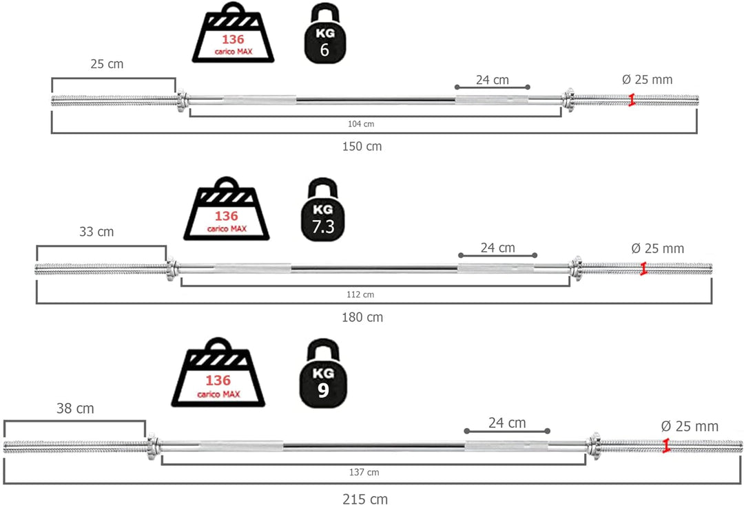 G5 HT SPORT Toorx Hantelstangen, verchromt, 150/180/215 cm, Durchmesser 25 mm, Schraubverschluss 150