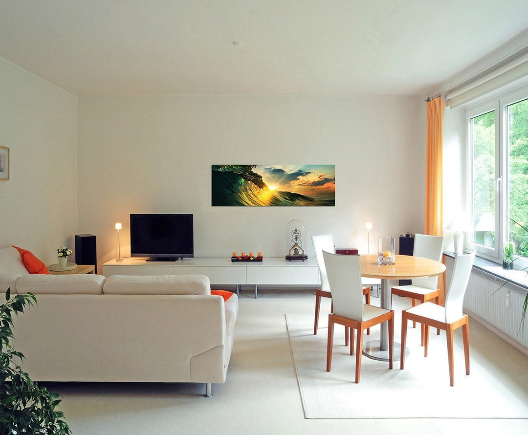 Paul Sinus Art Panoramabild auf Leinwand und Keilrahmen 150x50cm Meer Welle Wolkenhimmel Sonnenunter