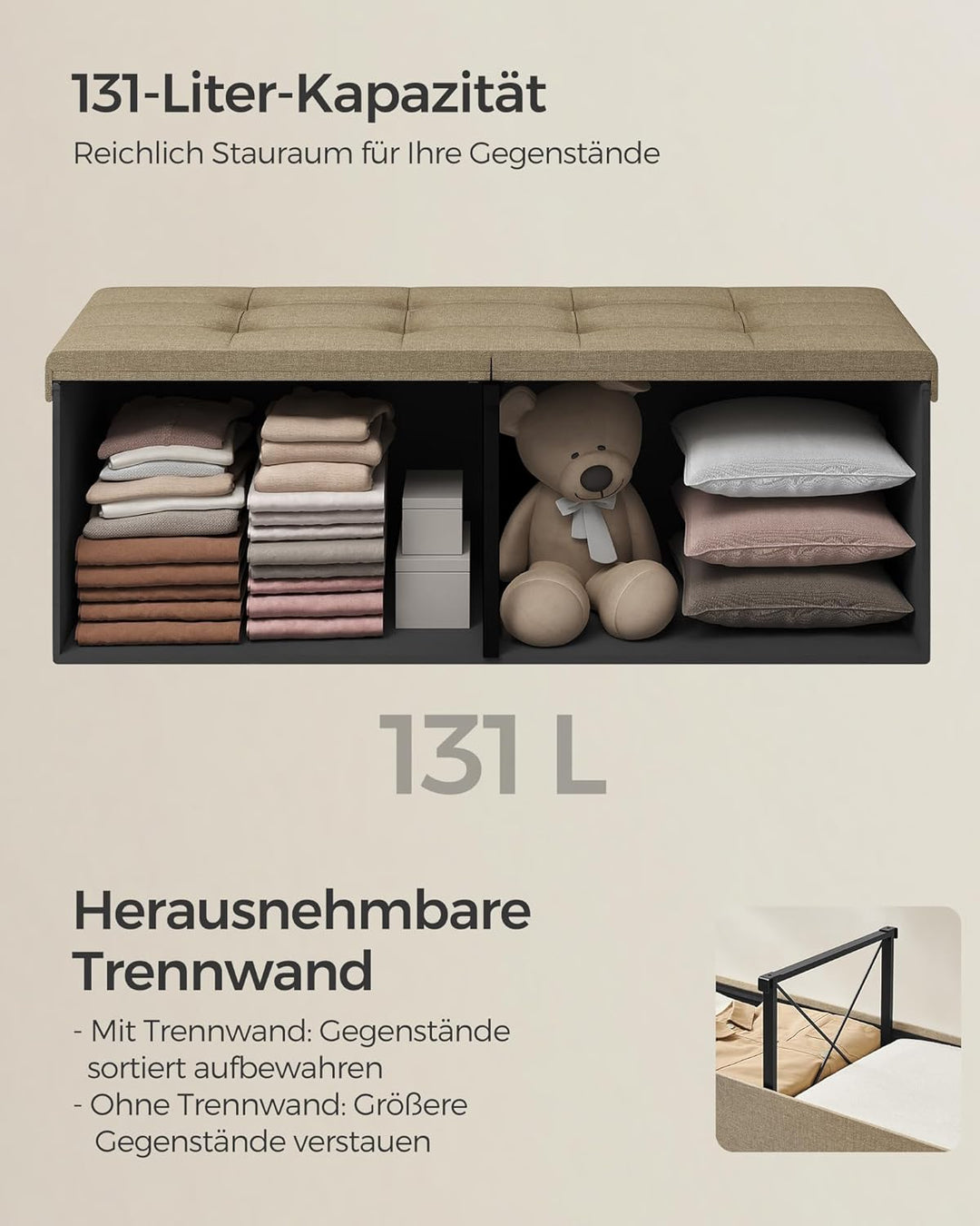 SONGMICS Sitzbank mit Stauraum, Truhe faltbar, Aufbewahrungsbox 38 x 110 x 38 cm, Klappdeckel, 300 k