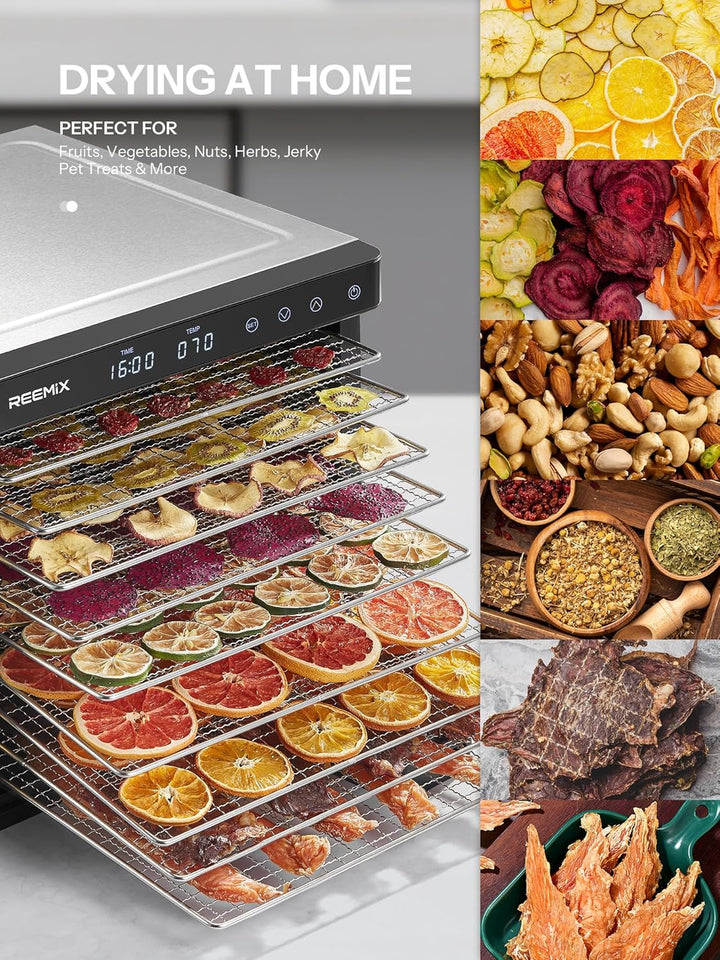 Dörrautomat Edelstahl mit digitaler Steuerung 1000W, Food Dehydrator mit 9 Edelstahl-Ablagegitter, G