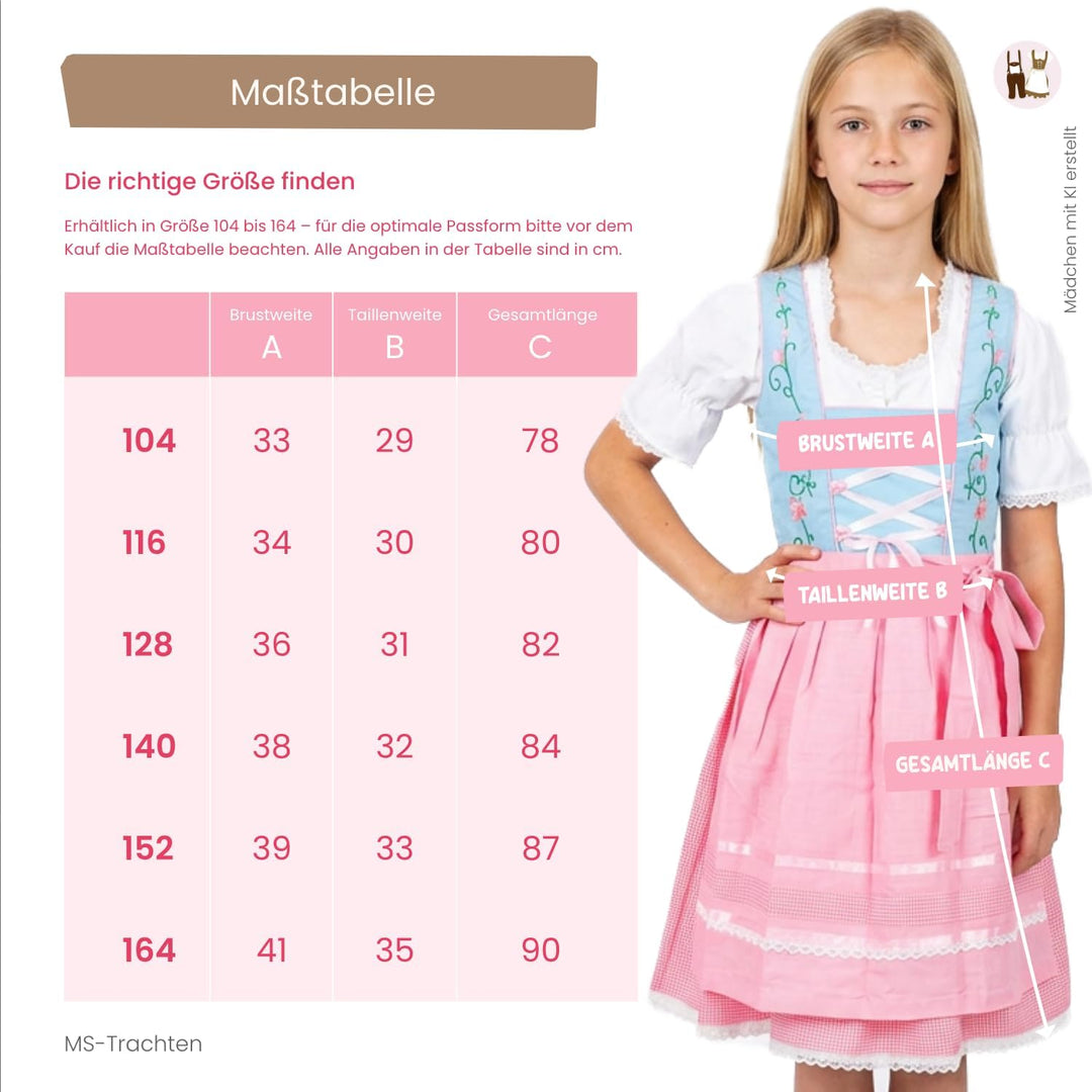 MS-Trachten Kinder Dirndl Kinderdirndl Trachtenkleid Elise rosa hellblau pastell 3 teilig 164 Hellro