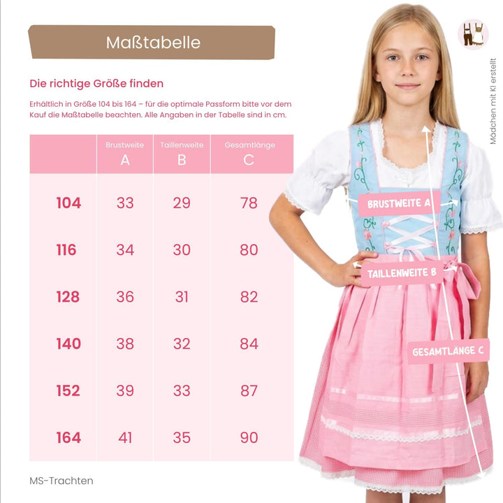 MS-Trachten Kinder Dirndl Kinderdirndl Trachtenkleid Elise rosa hellblau pastell 3 teilig 164 Hellro