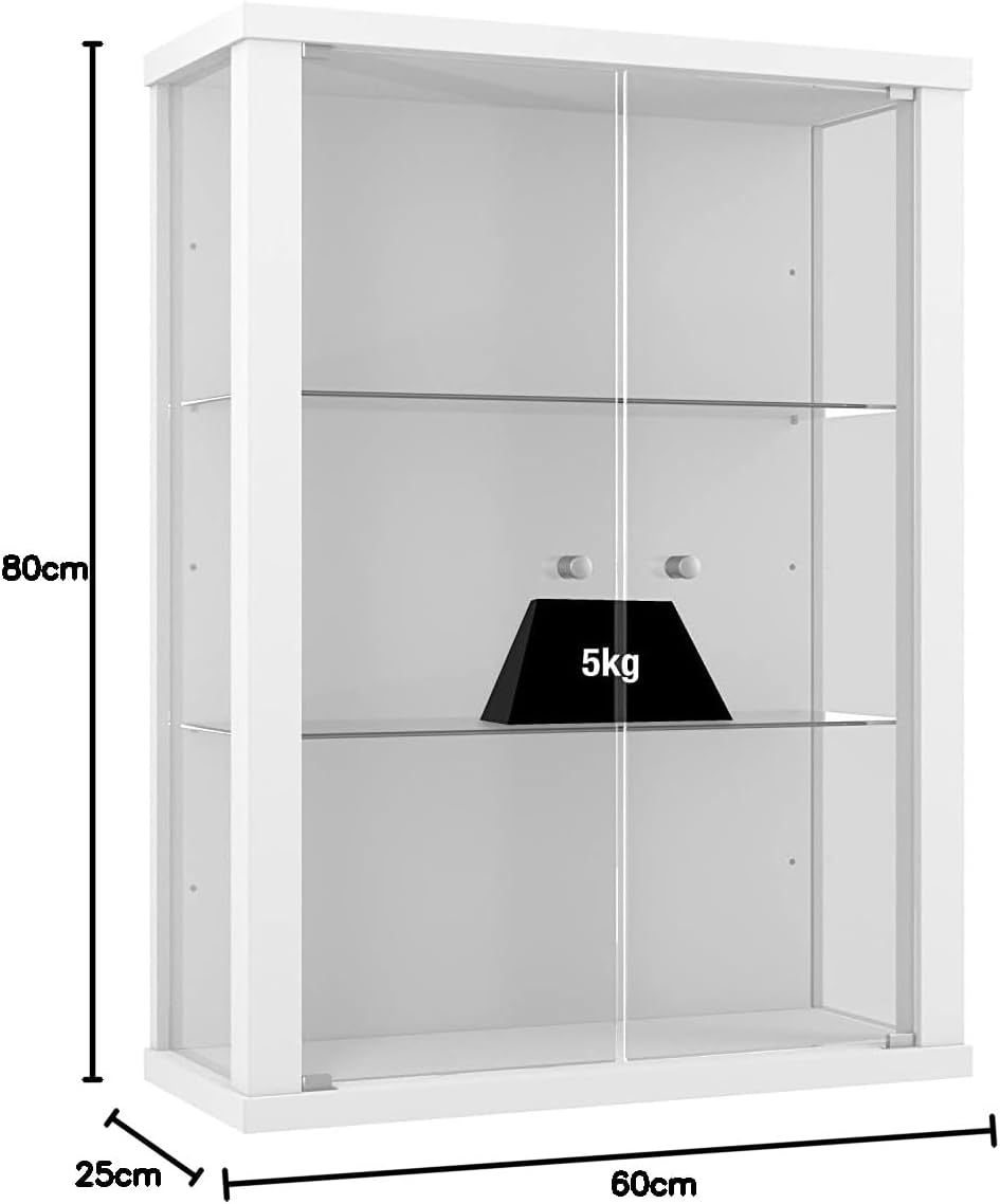 K-Möbel Hängevitrine Glas in Weiss (80x60x25 cm) mit 2 höhenverstellbaren Glasböden - Modellauto - V