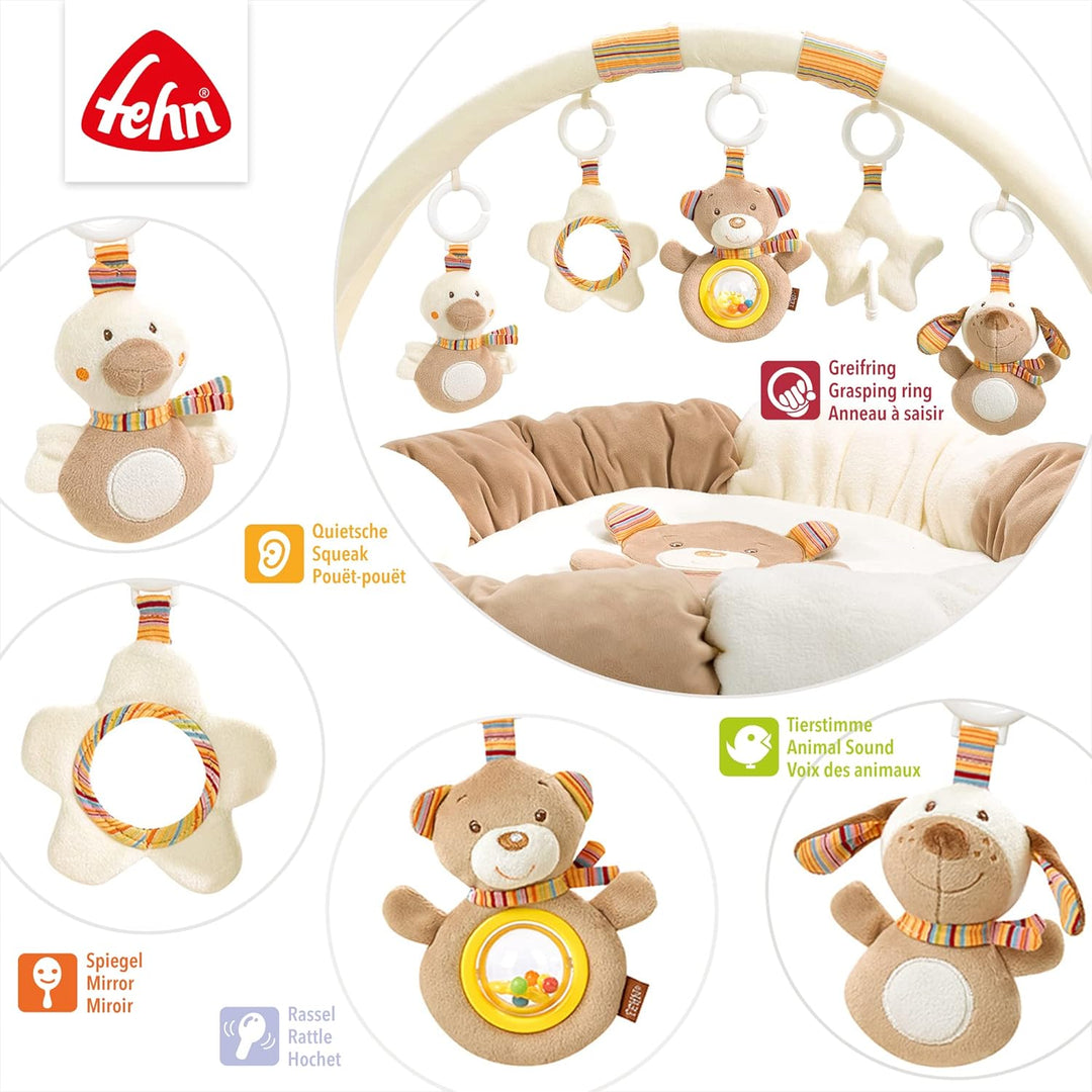 Fehn 160963 3-D-Activity-Nest Rainbow / Besonders weicher Spielbogen mit 5 abnehmbaren Spielzeugen f