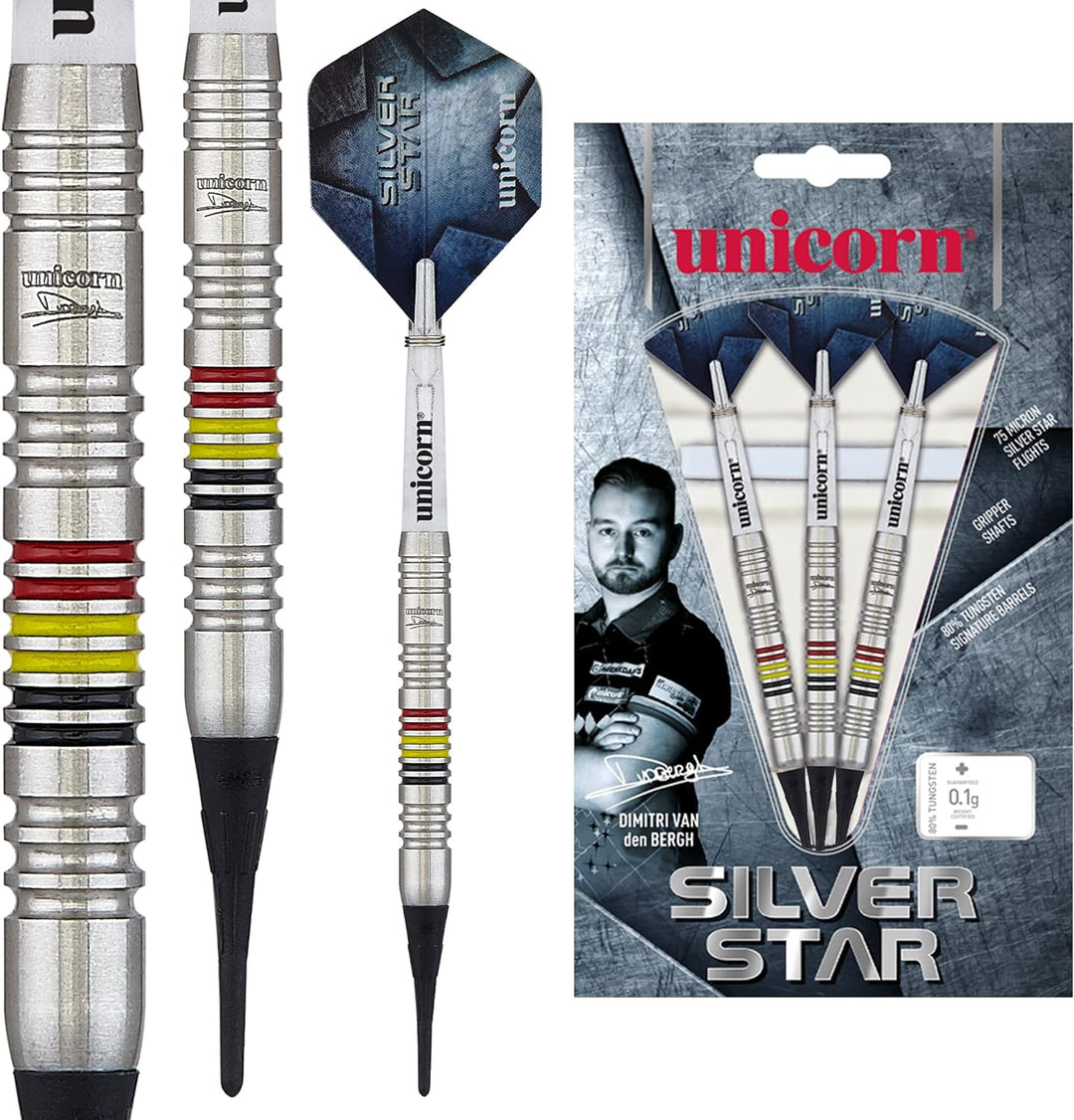 Unicorn, Dimitri Van den Bergh, Silver Star, Player Endorsed Dart Set, 80% Tungsten, 18g to 26g Weic