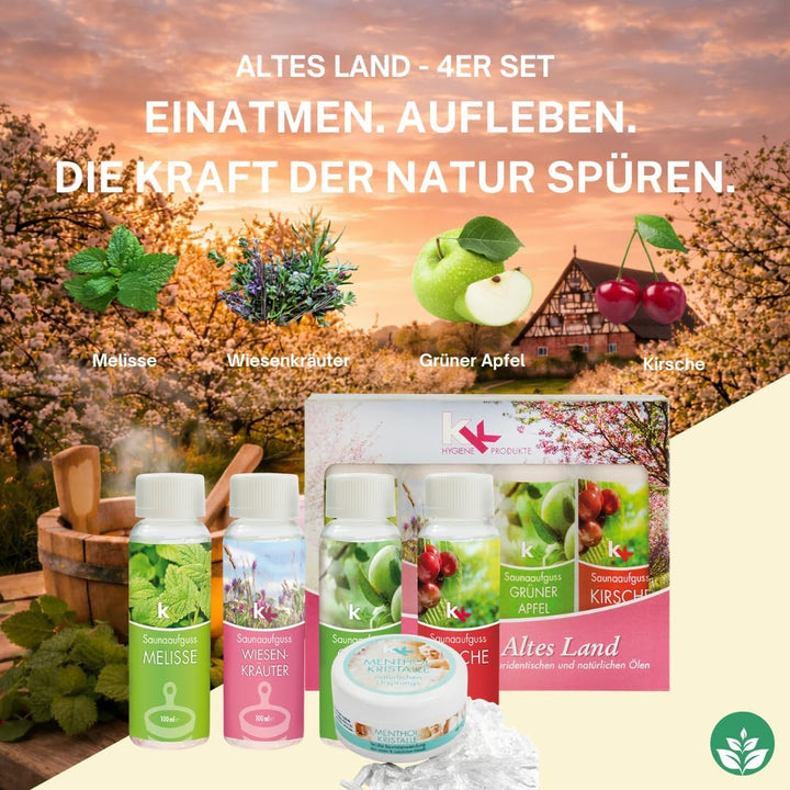 Sauna Set | KK Saunaaufgussset 4 x 100 ml + 50g Mentholkristalle | Saunakonzentrat + Menthol-Kristal