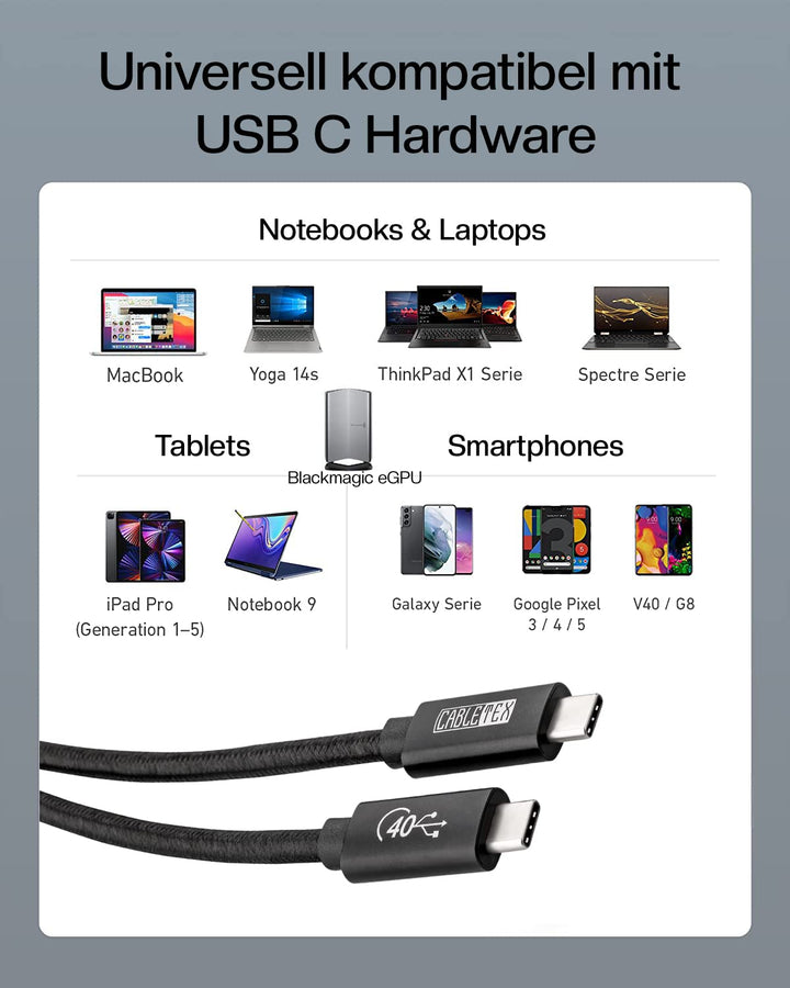 CABLETEX 1m USB 4 Gen3x2 Monitorkabel für Thunderbolt 3, USB C | 40GBit/s | 8K Video | 100W | 5A | 2