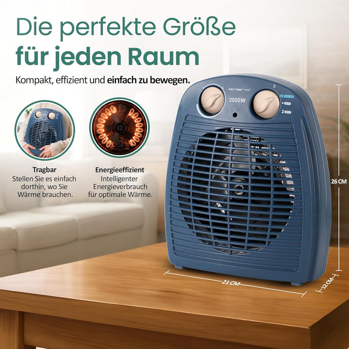 EMERIO Heizlüfter 2000W | klein leicht kompakt portabel | für ca. 25m² | 2 Heizleistungen + Ventilat
