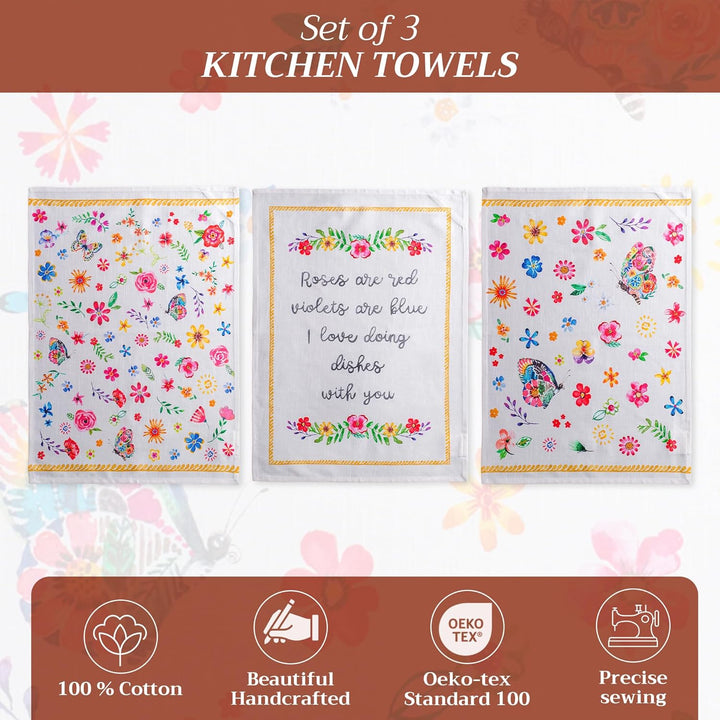 Maison d'Hermine Happy Florals- 2 Sweety 100% Baumwolle Set von 3 Multi-Purpose Küchenhandtuch weich