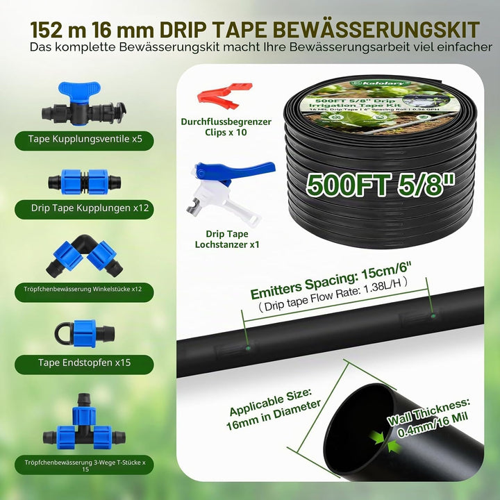 500 Fuss 5/8 Zoll Tropfbewässerungs Set, Kalolary 16 Mil Verstärkter PE Flachschlauch mit 6 Zoll Tro