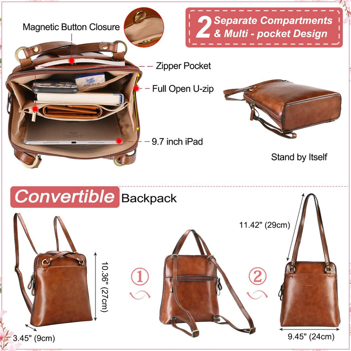 Banuce Modischer, eleganter Leder-Rucksack, Geldbörse für Damen, kleine Umhängetasche, Tagesrucksack