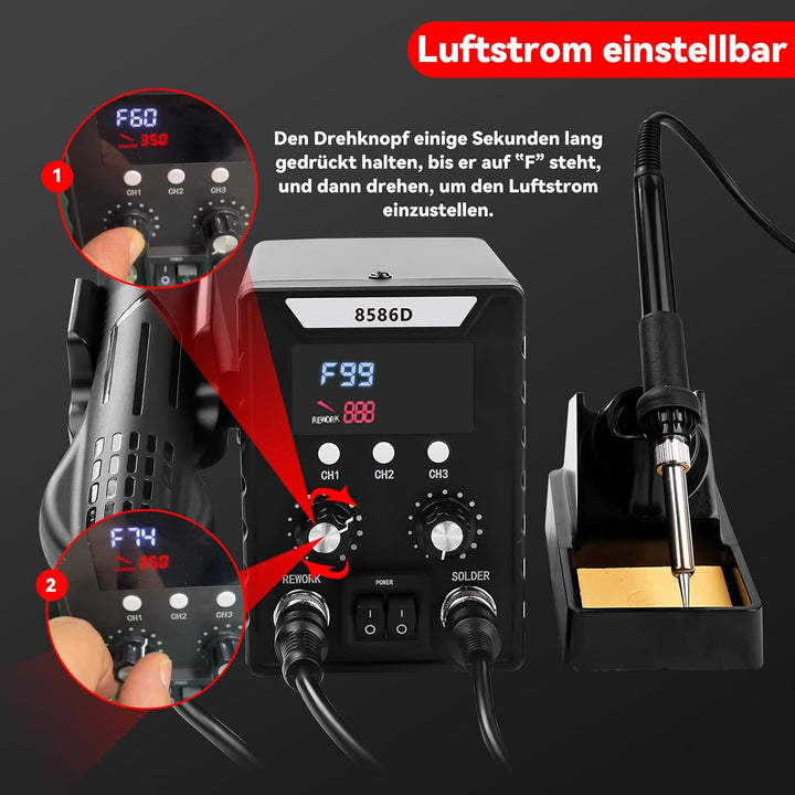 Profi Lötstation, 2 in 1 Heissluft Lötstation Lötkolben Set 8586D, Einstellbare Temperatur 180℃-500℃