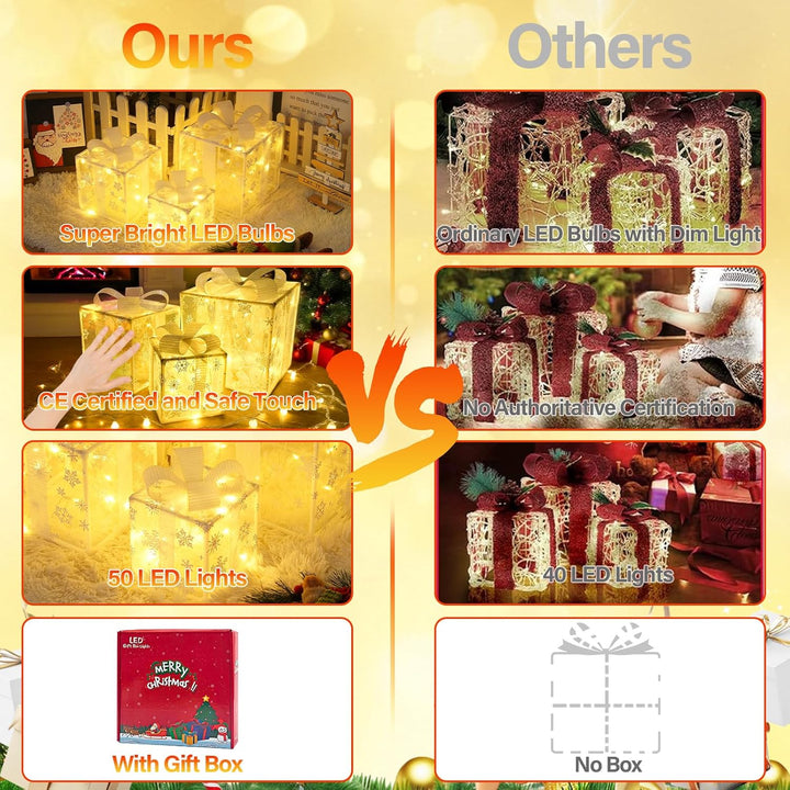3 Stück Weihnachtsdeko LED Geschenkbox Set Beleuchtet mit Timer Fernbedienung Warmweiss Licht Gesche