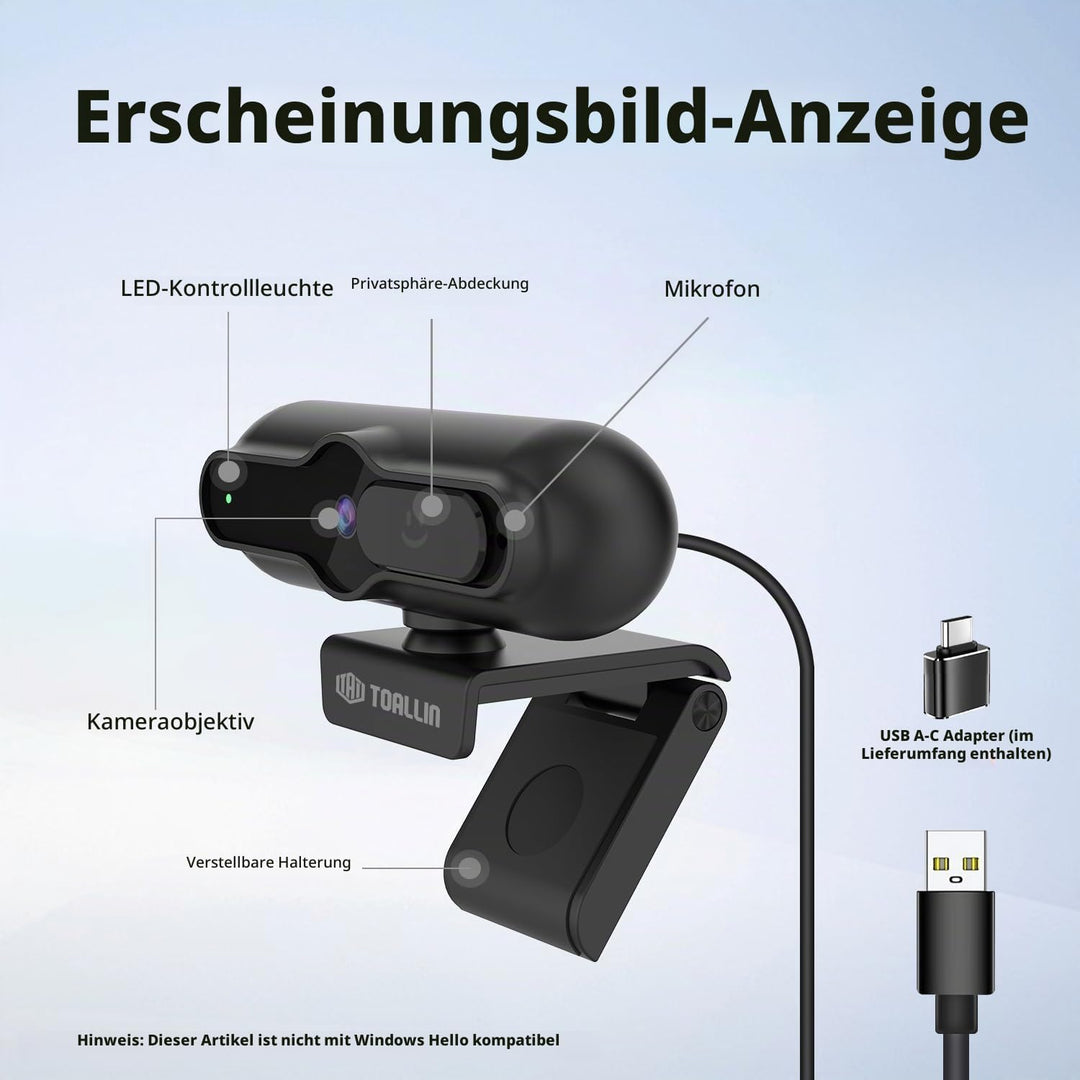 TOALLIN 4K-Webcam für PC, 1080P@60FPS, 1/2,5-Zoll-Sensor, PDAF-Autofokus, integriertes Mikrofon und