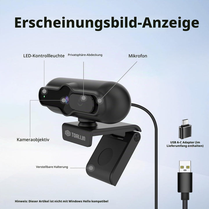 TOALLIN 4K-Webcam für PC, 1080P@60FPS, 1/2,5-Zoll-Sensor, PDAF-Autofokus, integriertes Mikrofon und
