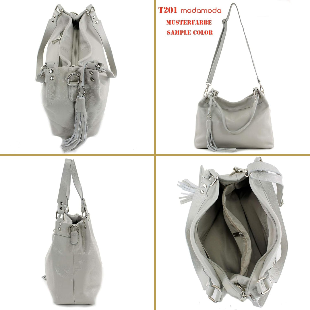 modamoda de - T201 - ital. Damen Schultertasche aus Echtleder Schwarzgrün, Schwarzgrün