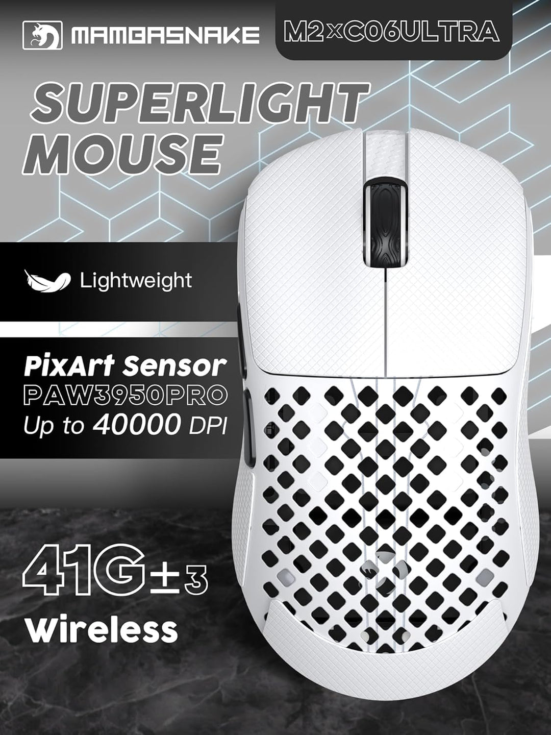 MAMBASNAKE M2 Ultra-Lightweight Wireless Gaming Mouse, PAW3395PRO Sensor 40000 DPI, 41g Carbon Fiber