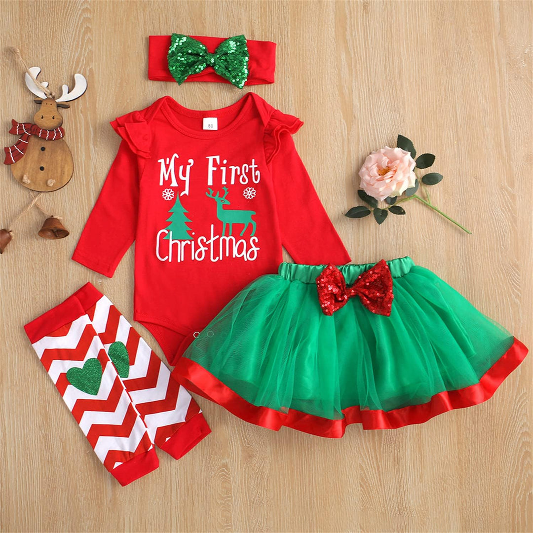 Baby Weihnachtsoutfit Mädchen Mein Erstes Weihnachten Langarm Tops + Rock + Beinwärmer + Schleife 3-