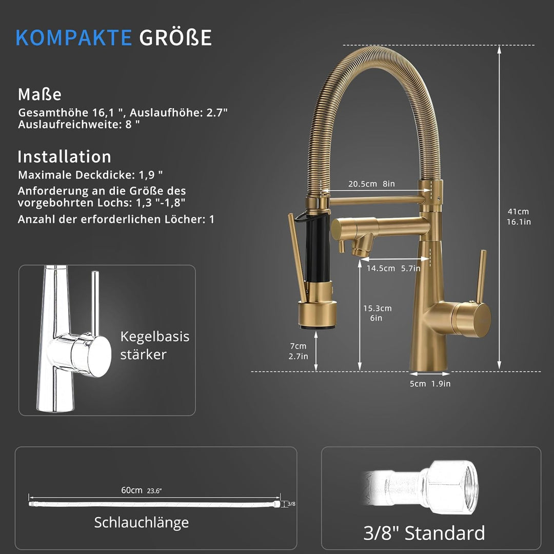 TIMACO Wasserhahn Küche Gebürstetes Gold mit Schloss Brause Ausziehbar - 360° Schwenkbare- Pull-Down