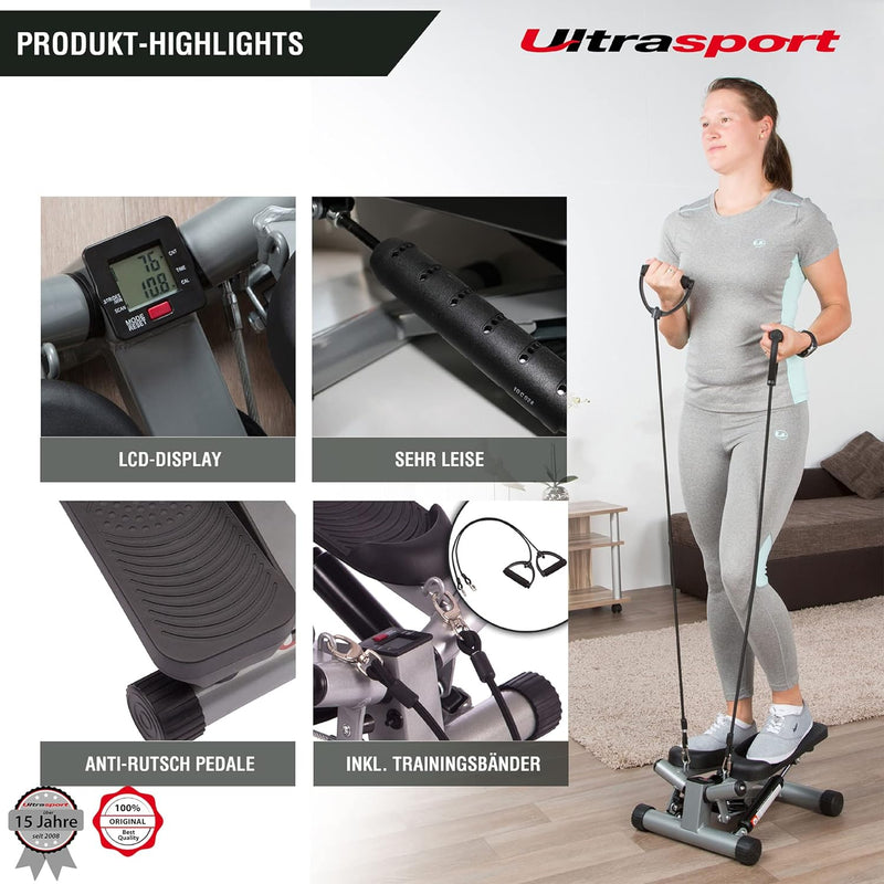 Ultrasport Swing Stepper inklusive Trainingsbändern / Hometrainer Stepper mit verstellbarem Widersta