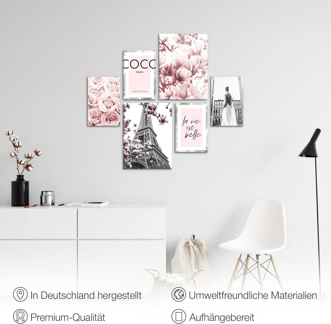 Novart Bilder Set - AUFHÄNGFERTIG - KEIN EXTRA RAHMEN BENÖTIGT - Fashion Coco Modern Grau Rosa - Woh