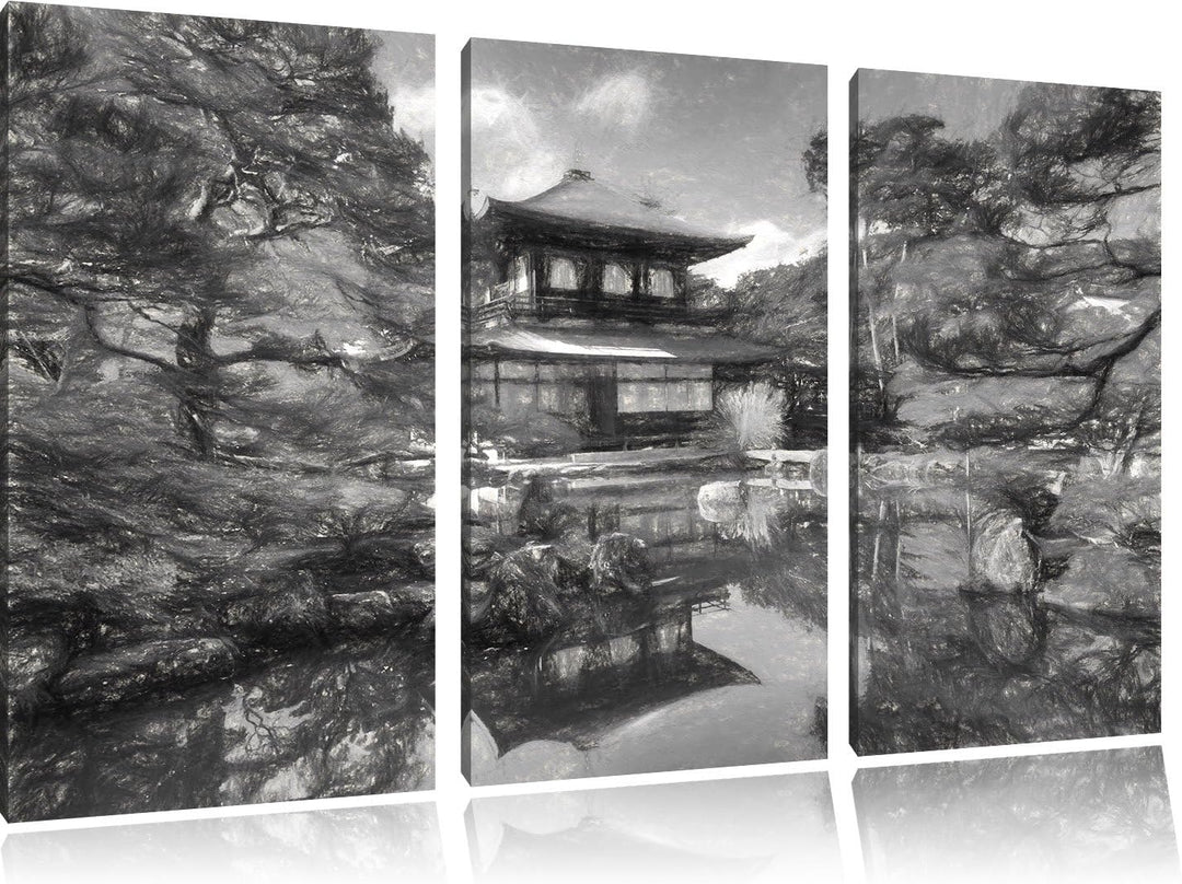 Pixxprint Ginkaku-ji-Tempel in Kyoto Kunst / 3-Teilig/Gesamtmass 120cm Leinwandbild bespannt auf Hol