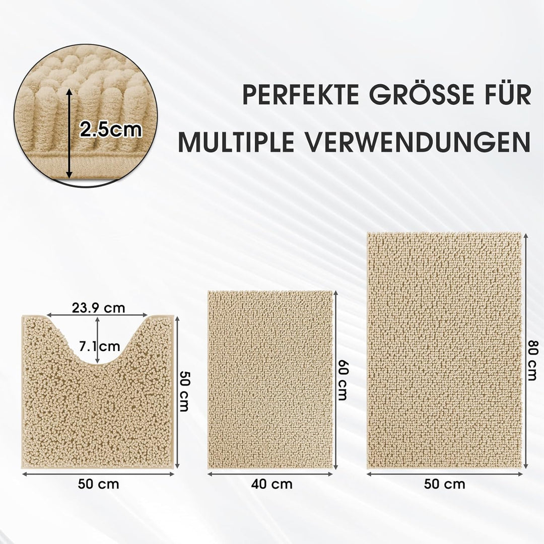 Badvorleger Set 3-Teilig-Weiches Badematten Set mit Rutschfester, Chenille Saugfähige Badteppiche Se