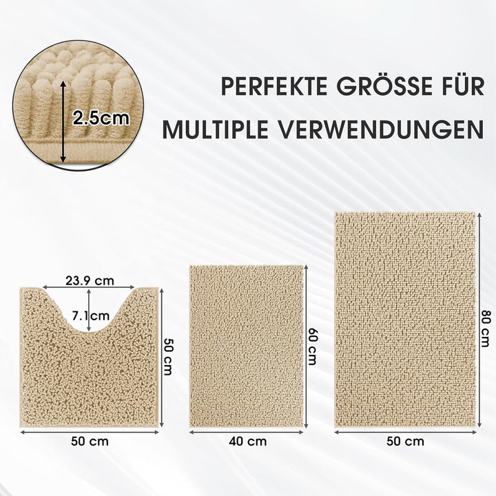 Badvorleger Set 3-Teilig-Weiches Badematten Set mit Rutschfester, Chenille Saugfähige Badteppiche Se