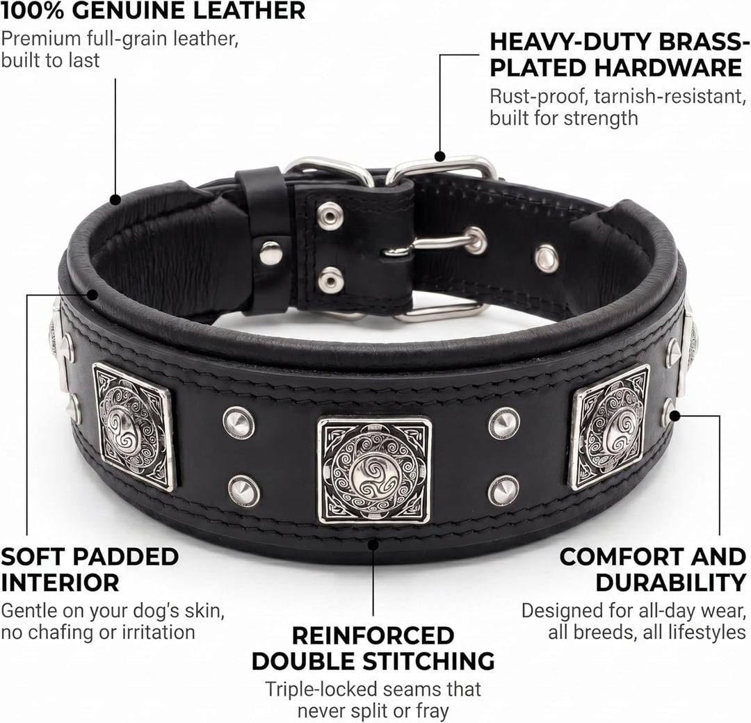 Bestia® EROS Lederhalsband für grosse Hunderassen mit Altsilber Dekoration und weicher Innerpolsteru