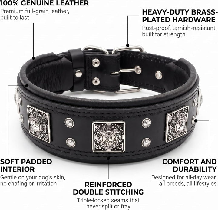 Bestia® EROS Lederhalsband für grosse Hunderassen mit Altsilber Dekoration und weicher Innerpolsteru