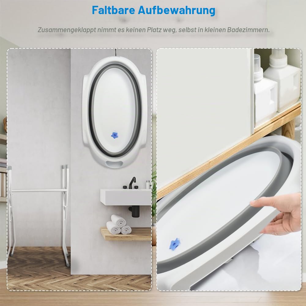 Faltbare Babybadewanne XXL mit Ständer, Kissen und Entwässerungssystem, 0-3 Jahre, 2-in-1 Babybadewa