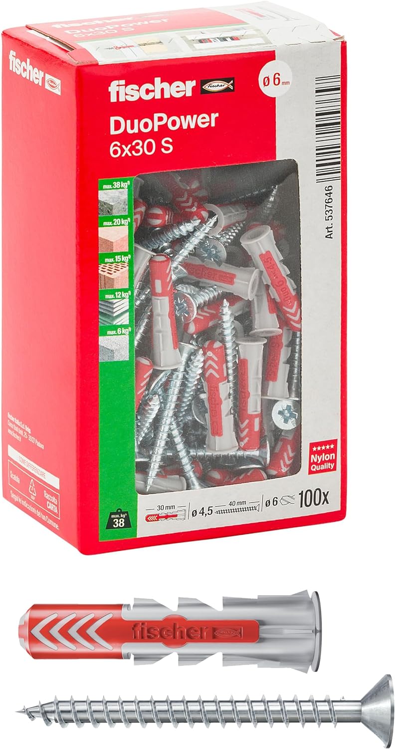 Fischer 100 DUOPOWER Dübel mit Schraube 6 x 30 mm für Vollwand Lochziegel Gipskarton 537646 grau/rot
