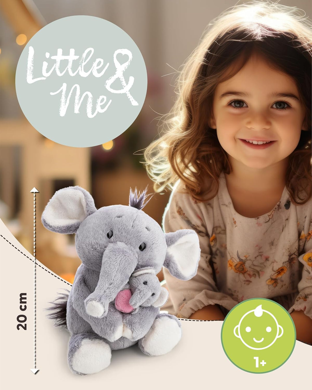 NICI Kuscheltier Elefant 20cm mit Elefantenkind 6cm - grau - Stofftier aus weichem Plüsch, niedliche