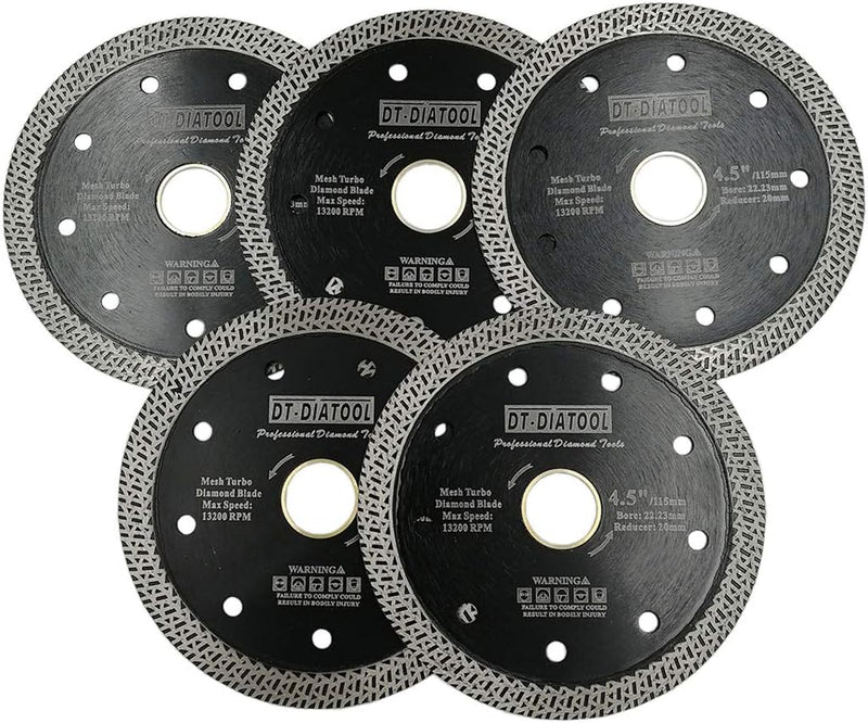 DT-DIATOOL Diamant Trennscheibe 5 Stücke 115 mm x 22,23 mm/20 mm Sägeblatt mit Mesh Turbo für Porzel