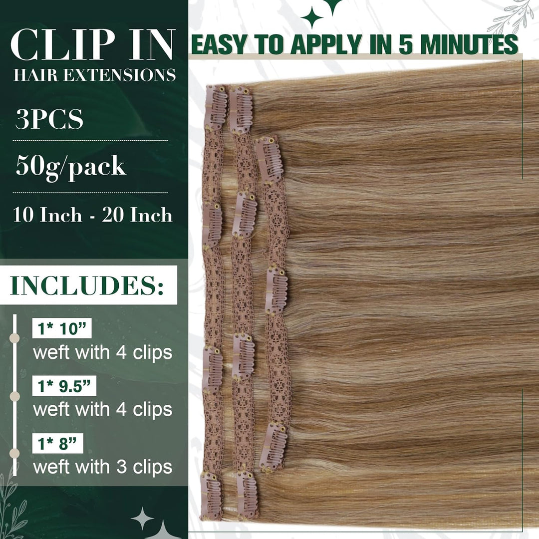 RUNATURE Clip on Extensions Echthaar Blond mit Goldblond Clip in Haarverlangerung Echthaar Remy Haar