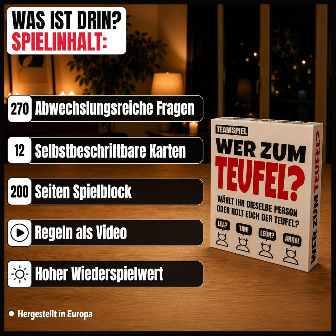Wer zum Teufel – Kooperatives Partyspiel | Wer würde eher als Teamspiel | 3-6 Spieler ab 16 Jahren |