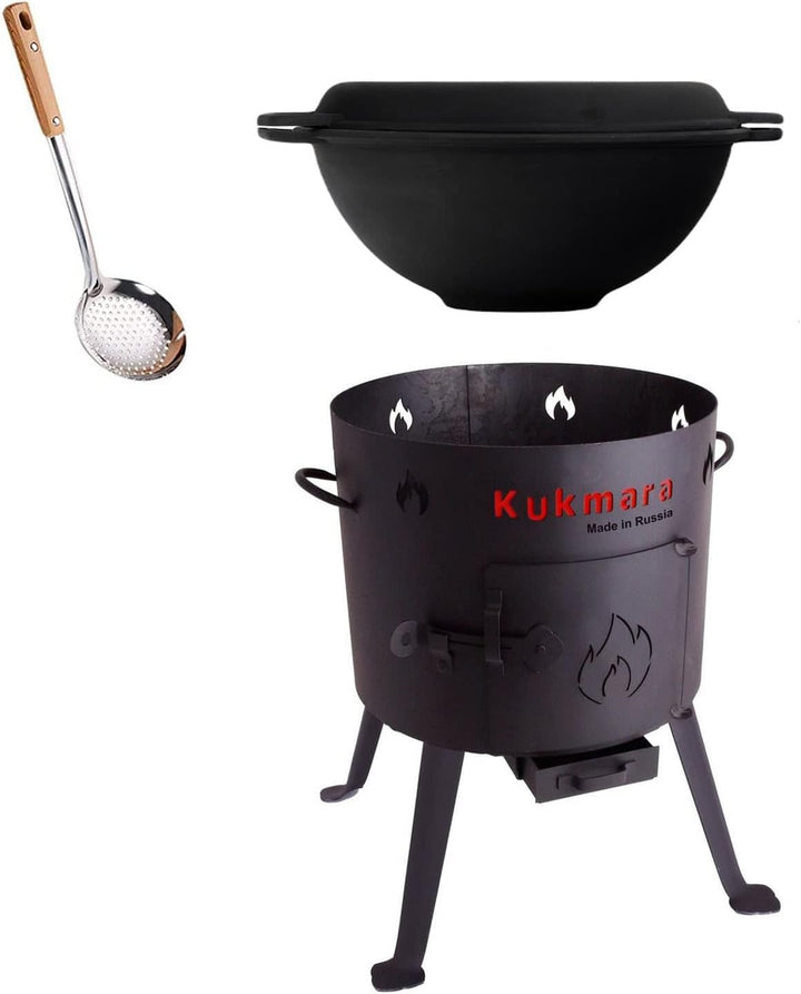 SET Utschak 36 cm + 8 Liter Kasan Kazan aus Gusseisen mit Pfannen-Deckel und Schaumlöffel Feldküche