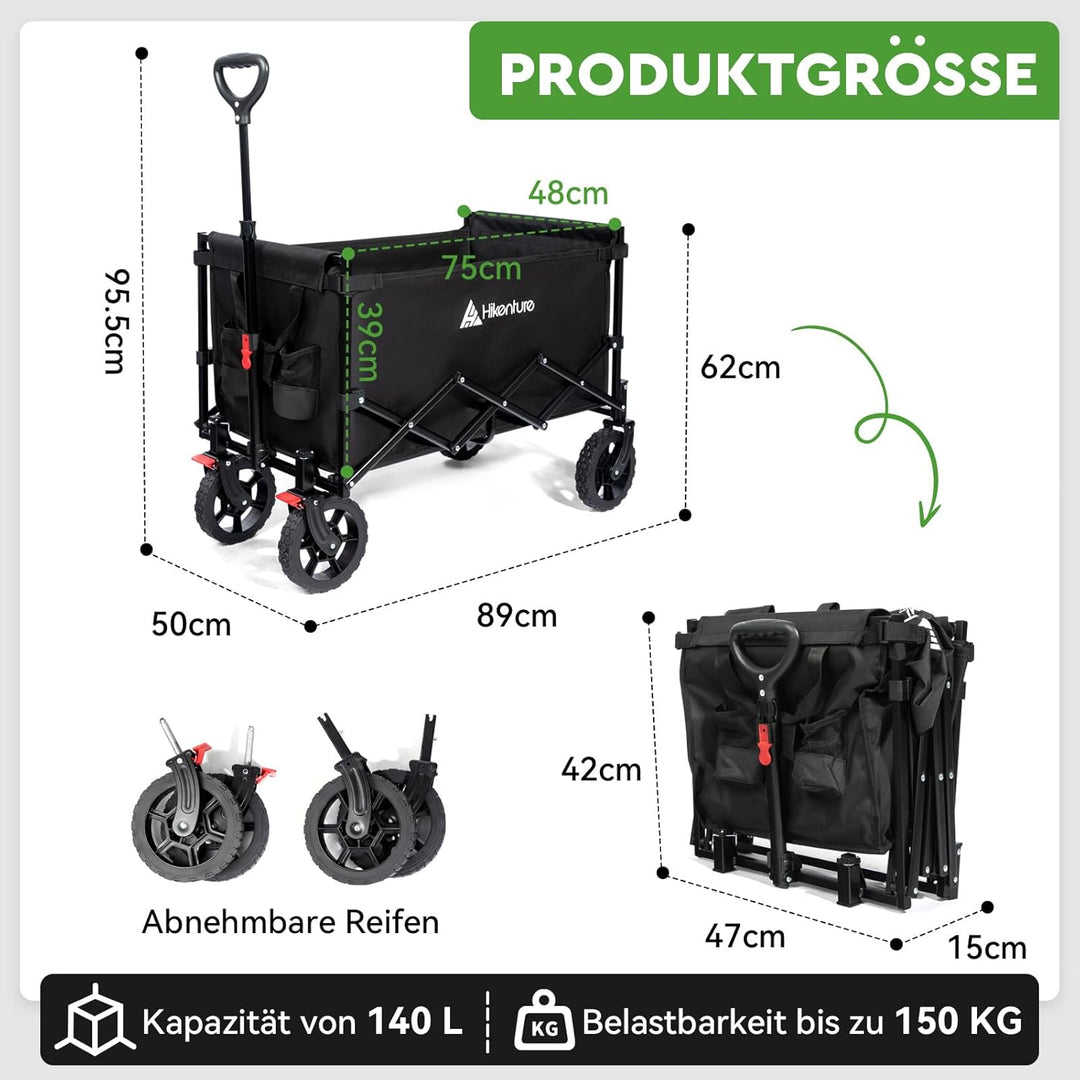 HIKENTURE Bollerwagen Faltbar mit Bremen - 140 Liter Volumen &amp; 150KG belastbar - Extrem Faltbarer Bo