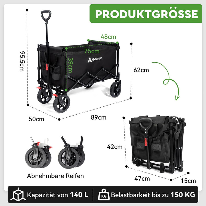 HIKENTURE Bollerwagen Faltbar mit Bremen - 140 Liter Volumen &amp; 150KG belastbar - Extrem Faltbarer Bo