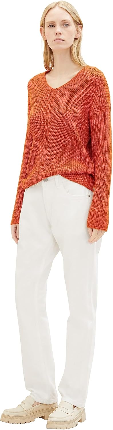 TOM TAILOR Damen Basic Pullover mit V-Ausschnitt XL 32403-gold Flame Orange Melange, XL 32403-gold F