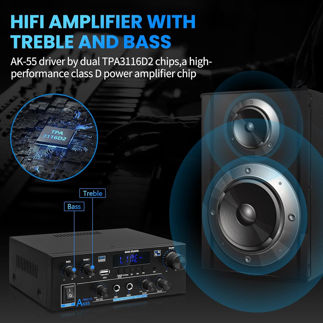 HiFi-Verstärker AK55 Bluetooth Stereo-Audioverstärker Receiver 2 Kanäle 70WX2 Max. 600W Digitale End