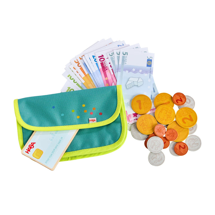 HABA Creative Play Spielgeld-Set – Geldbeutel für Kinder mit Holzmünzen, Geldscheinen & Spielgeld –