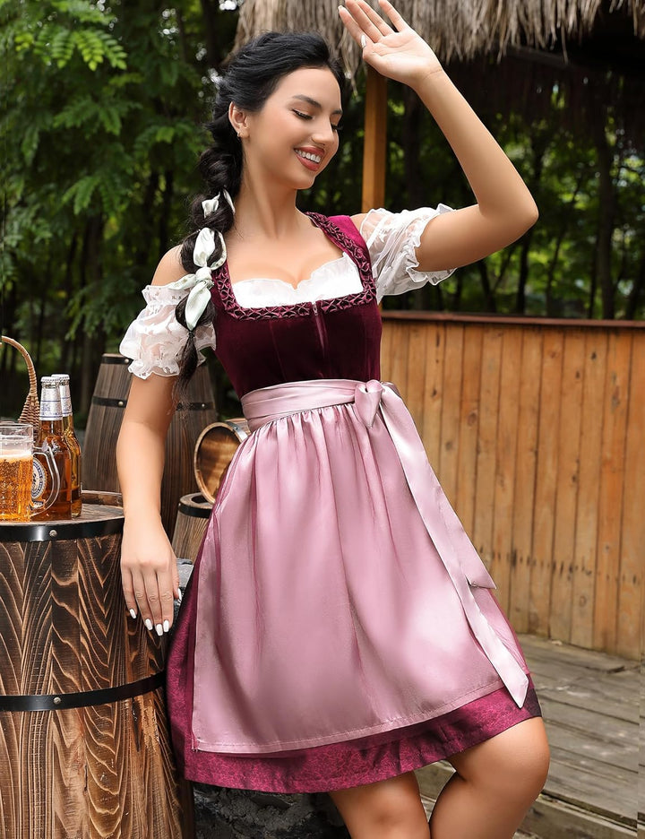 KOJOOIN Trachtenkleid Damen Dirndl Kurz Midi 3tlg. für Oktoberfest-DREI Teilig: Kleid, Bluse, Schürz
