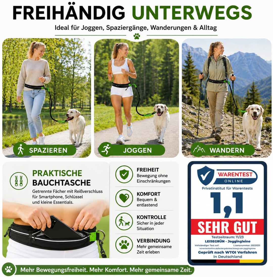 Leisegrün Joggingleine für grosse Hunde | Freihandleine zum Joggen mit Bauchgurt und Ruckdämpfer | L