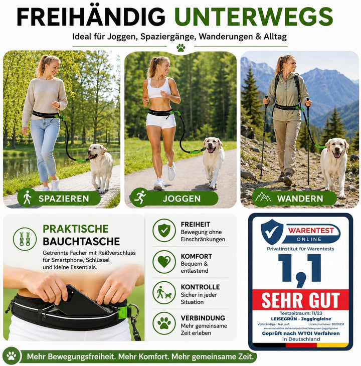 Leisegrün Joggingleine für grosse Hunde | Freihandleine zum Joggen mit Bauchgurt und Ruckdämpfer | L