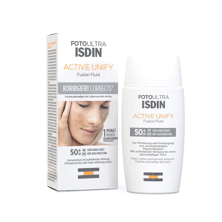 ISDIN FotoUltra Active Unify LSF 50+, Hellt auf und vereinheitlicht den Hautton, Sonnencreme mit dre