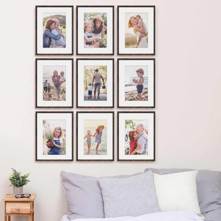 PHOTOLINI Bilderrahmen 30x40 cm MDF-Holz Eiche Dunkel, 9er Set Posterrahmen mit Passepartout, bruchs