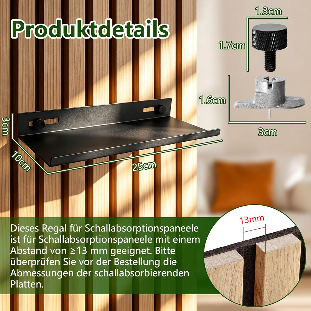 Regal für Akustikpaneele ohne Bohren Hochwertiger Kohlenstoffstahl 25x10cm | Metallschrauben 10 kg T