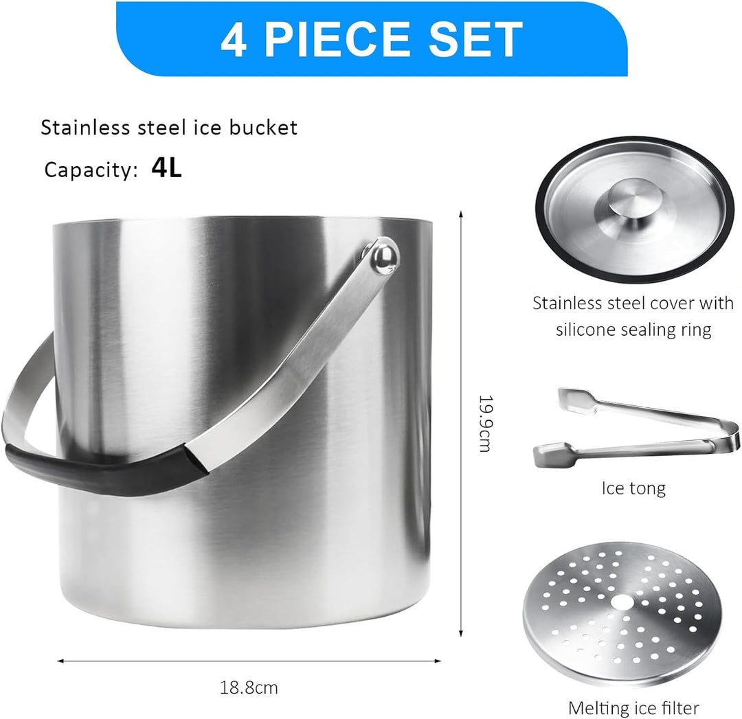 Eiswürfelbehälter Edelstahl, 4L Eiswürfelbehälter mit Deckel, Sieb Und Eiszange, Doppelwandig Isolie